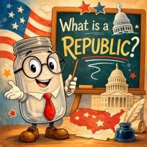 PJ Explains What a Republic is with a chalkboard that say What is a Republic
