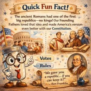 The ancient Romans had one of the first big republics. Ben Franklin said, We gave you a republic...if you can keep it!